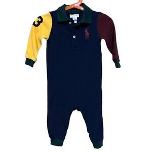 Ralph Lauren Infant Romper Bodysuit Size 9 Month Navy Blue Colorblock Rugby